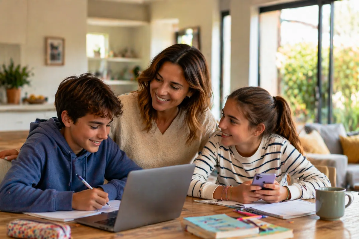 Madre ayudando a sus hijos con tecnología de forma segura