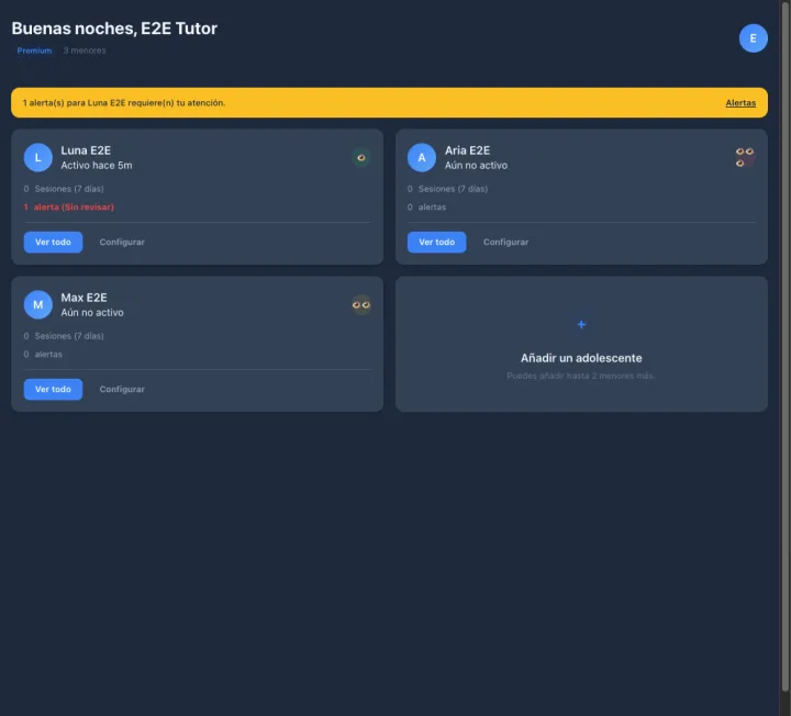 Panel de supervisión familiar de HolaNolis — vista de todos los menores