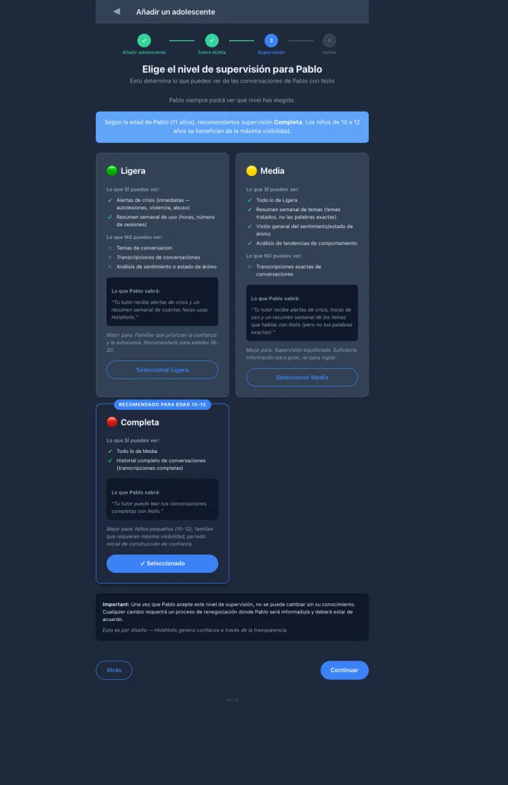 Tres niveles de supervisión: Ligera, Media y Completa — el menor siempre sabe qué se monitoriza